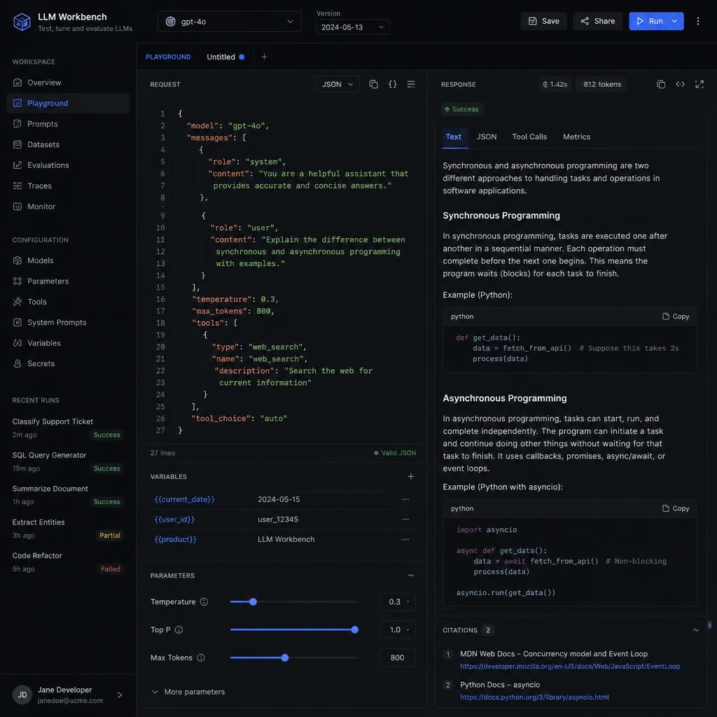 Dark mode interface showing a large language model workbench with code editor and response panels
